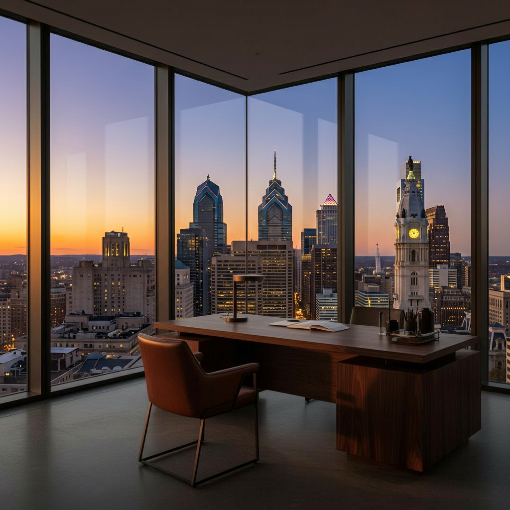 Executive office overlooking a city skyline at dusk